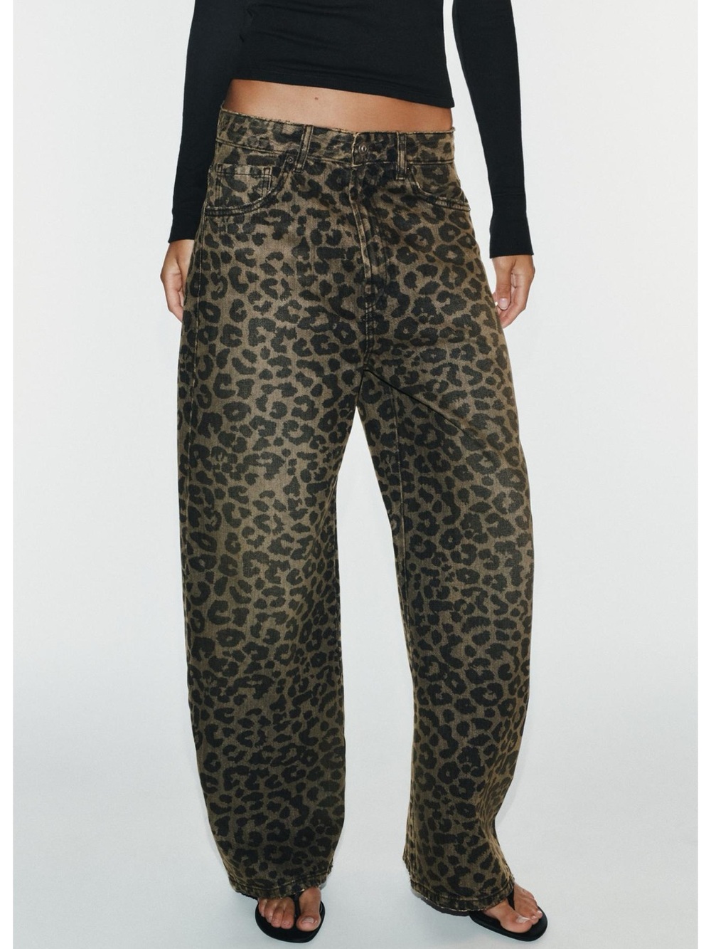 Zara Olive Green Leopard Print Wide-Leg Jeans